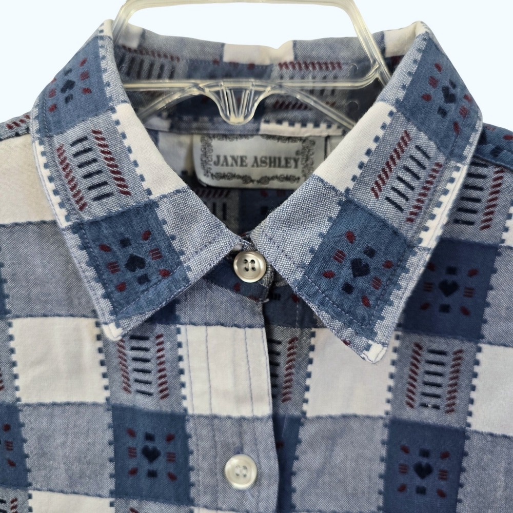 Jane Ashley Blue White Gingham Heart Button Down Shirt 100% Cotton Womens Medium - Picture 7 of 7